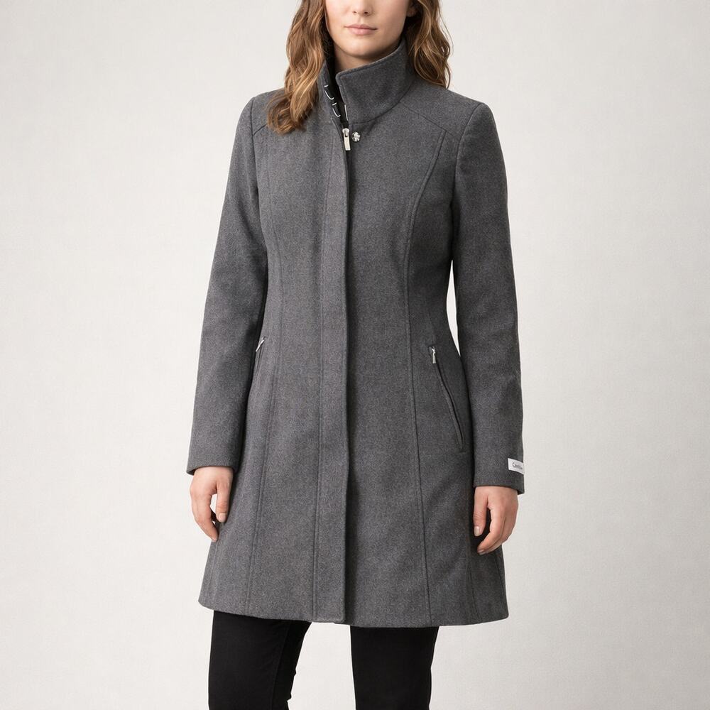 Calvin Klein Women's Stand-Collar Walker Coat Charcoal grey Size XL Wool Blend